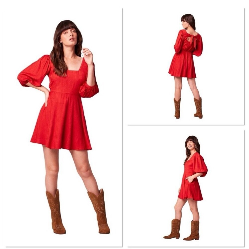 Band of the Free Red Puff Sleeve Square Neck Backless Sundress